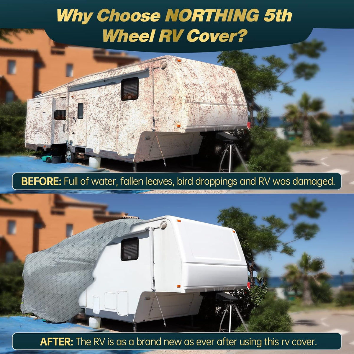 5th Wheel RV Cover with 4 Tire Covers & 2Pcs Extra Long Straps B211