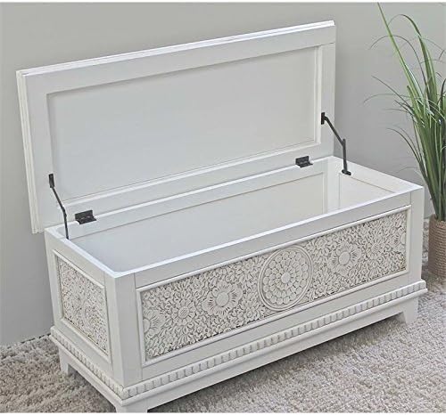 Carved Storage Trunk Bench in White B91650