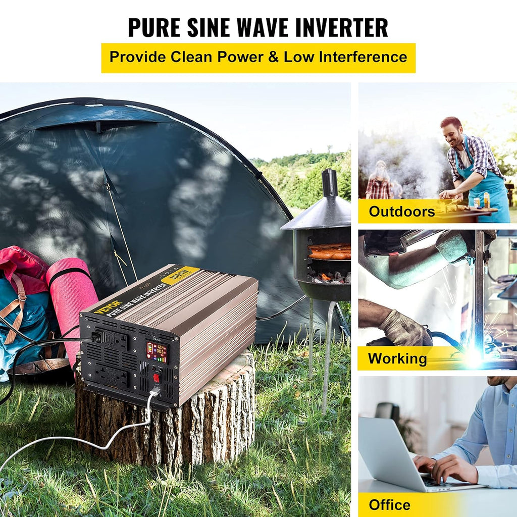 3000 Watt Pure Sine Wave Power Inverter, DC 12V to AC 110V, with LCD Display, 5V USB Port, AC Outlets (GFCI) T95654