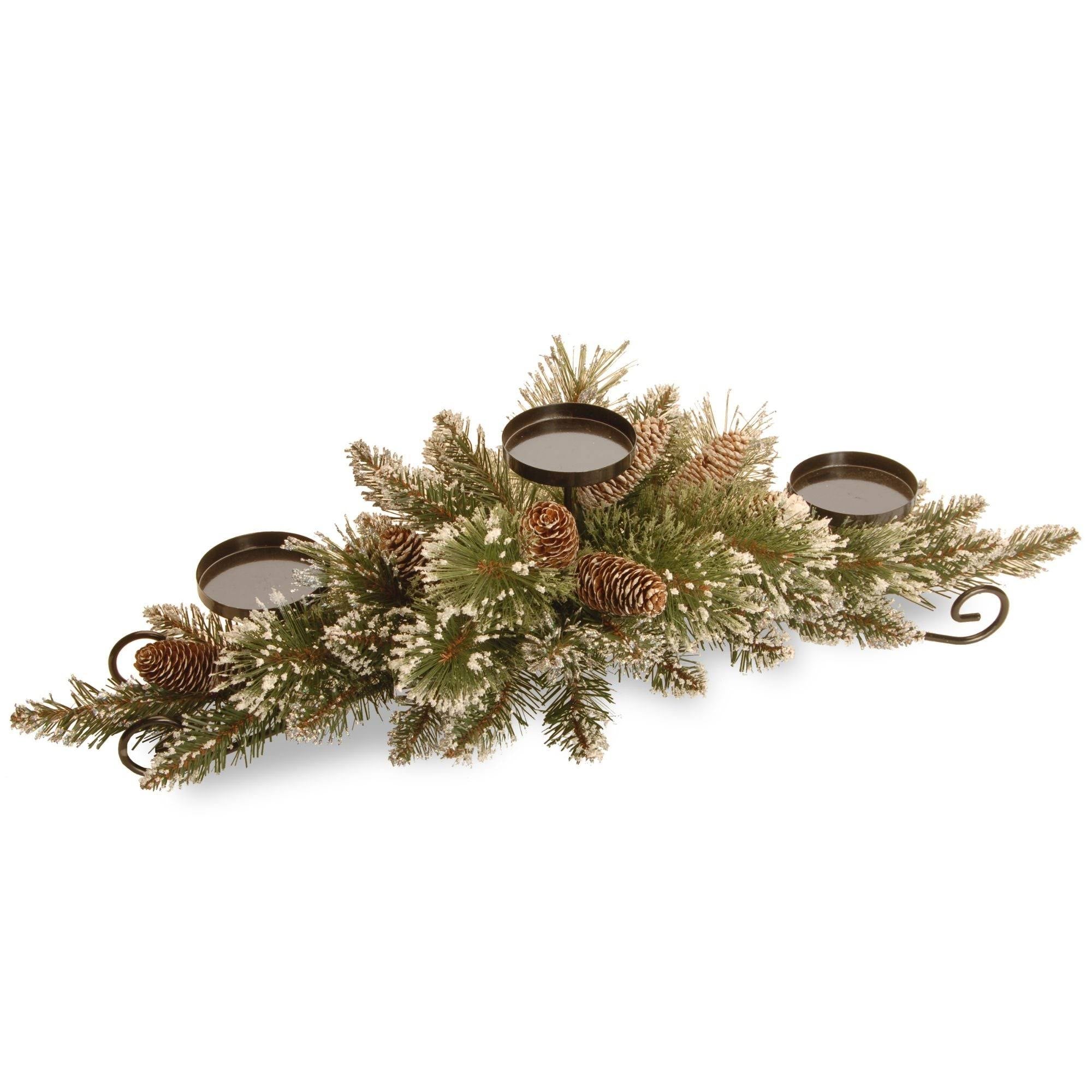 Green and Brown Glittered Pine Christmas Centerpiece and Candle Holder A3181