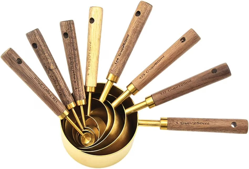 Gold Stainless Steel Measuring Cups and Spoons Set with Wooden Handle R65653