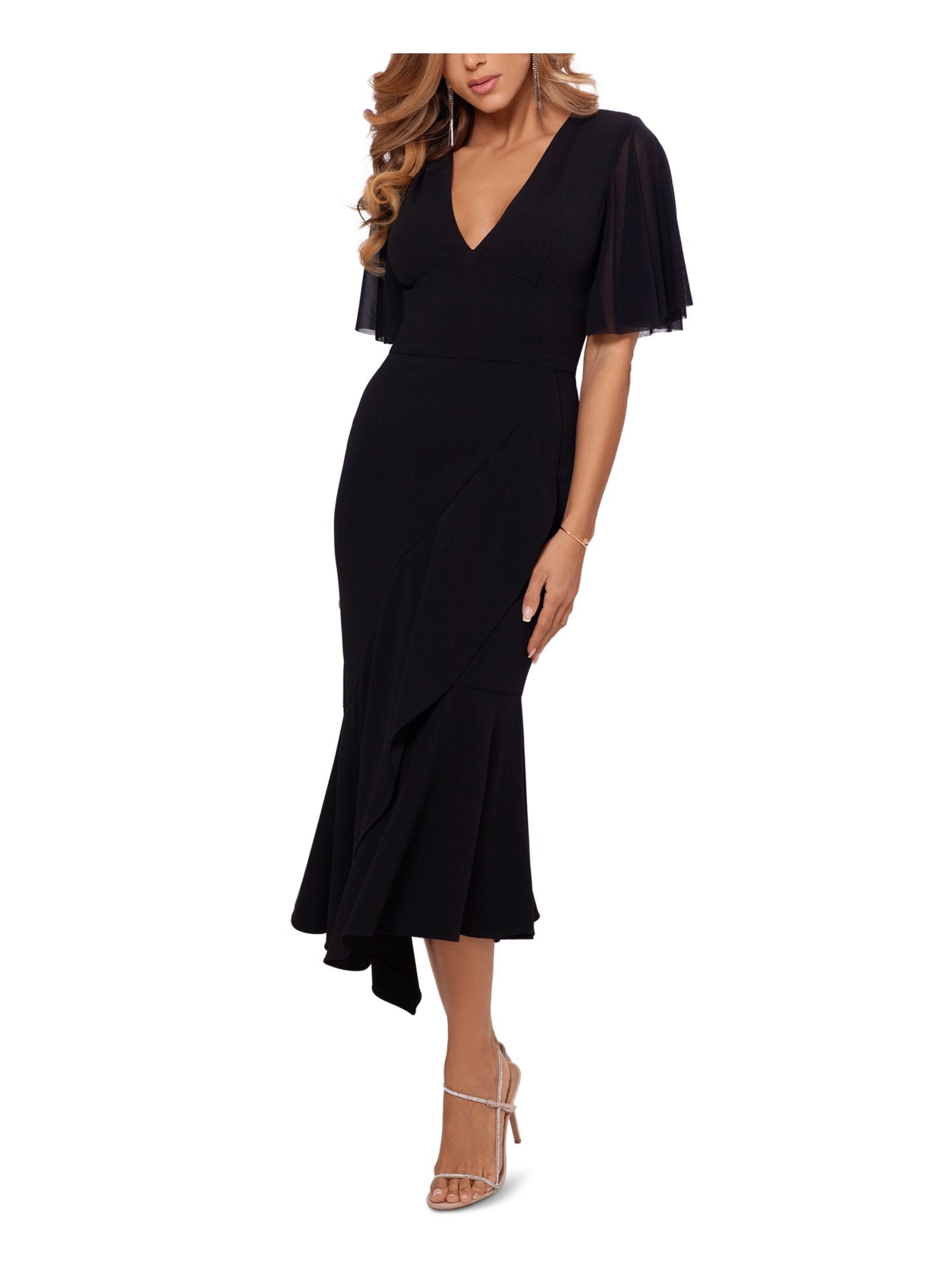 Black Stretch V Neck Midi Formal Dress X189