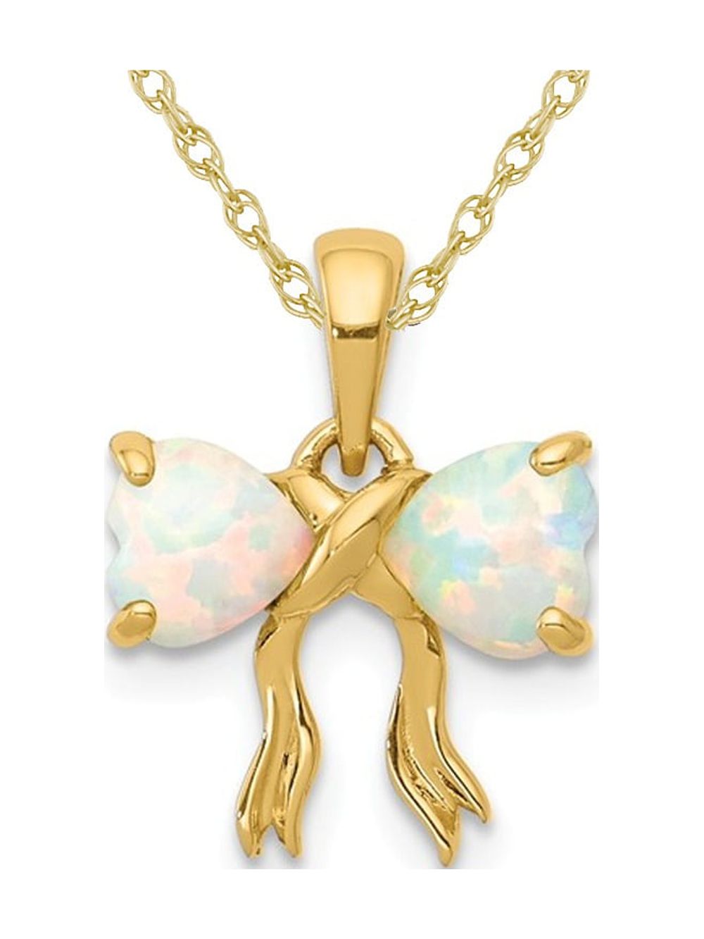 1/2 Carat (Ctw) Lab Created Opal Bow Ribbon Pendant Necklace in 14K Yellow Gold with Chain S267