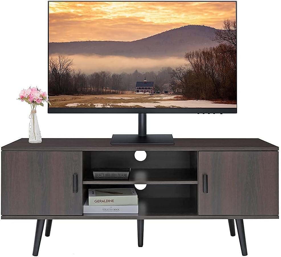 Rustic Brown Mid-Century Modern TV Stand with 2 Storage Cabinet W439