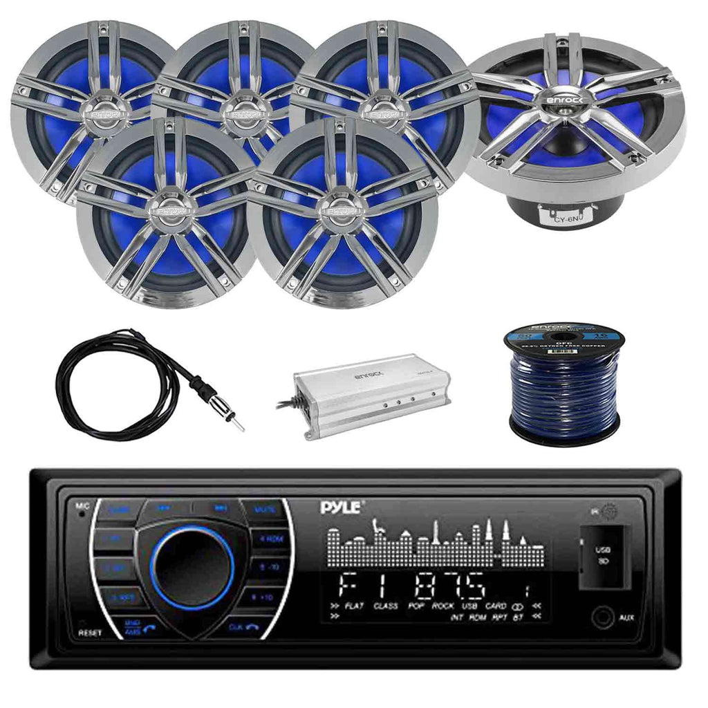 Marine Receiver Stereo with 2-Way 180W 6.5" Loud-SPKR, 3-Pairs, Antenna, 4-Chan Amplifier & 50' 16G SPKR Wire H744617