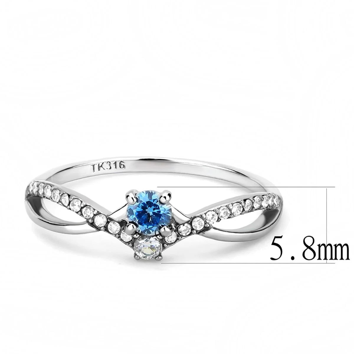 Stainless Steel Pave Engagement Ring with Sea Blue - Size 5 N189