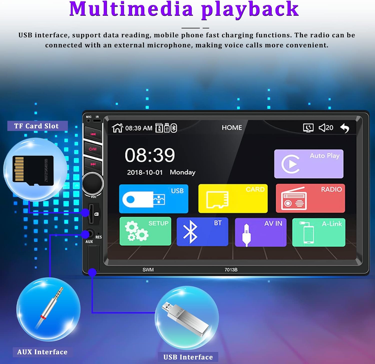 Double Din 7 inch Car Stereo with CarPlay Android Auto HD Touch Screen Multimedia Head Unit MP5 Player FM Receiver Bluetooth Mirror Link SWC AUX/USB/TF Card Backup Camera A536023