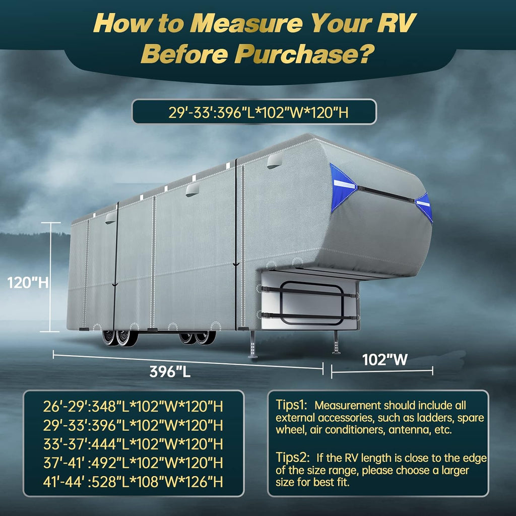5th Wheel RV Cover with 4 Tire Covers & 2Pcs Extra Long Straps B211