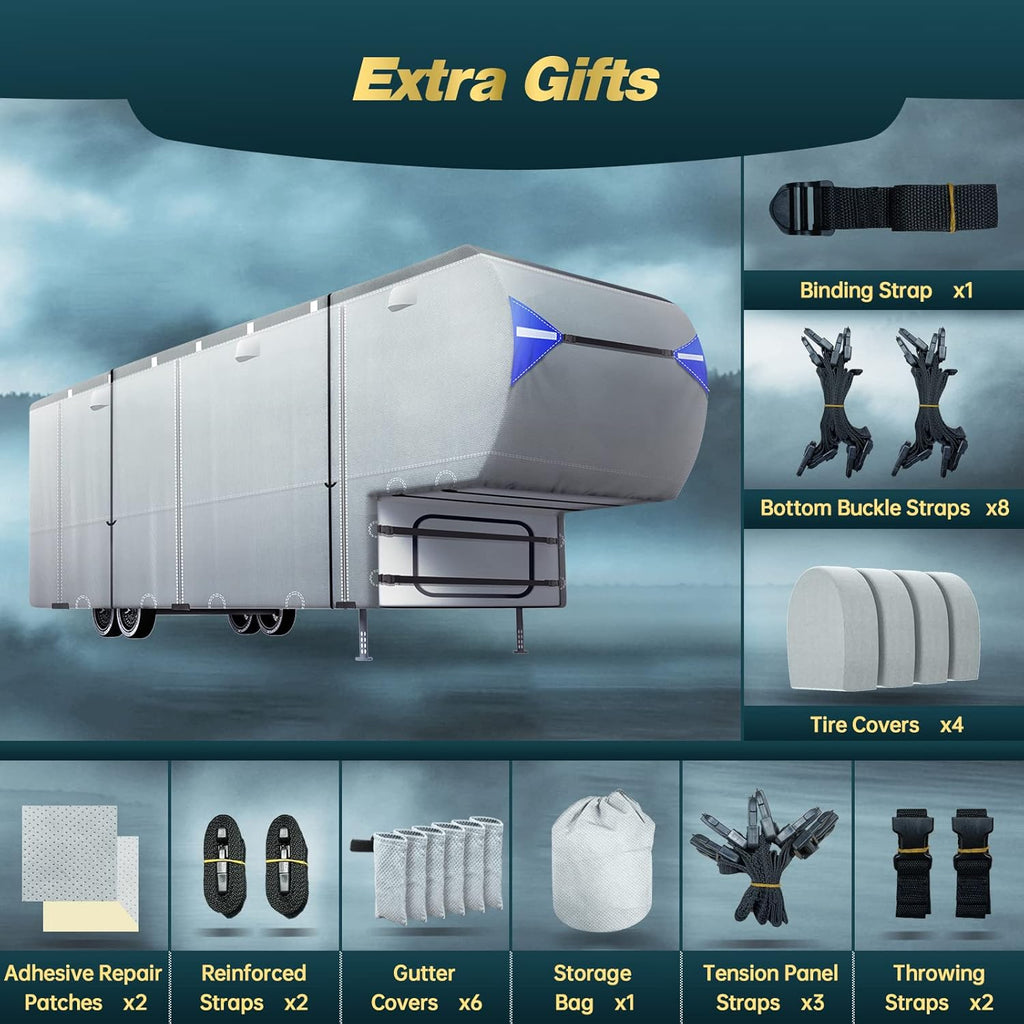 5th Wheel RV Cover with 4 Tire Covers & 2Pcs Extra Long Straps B211