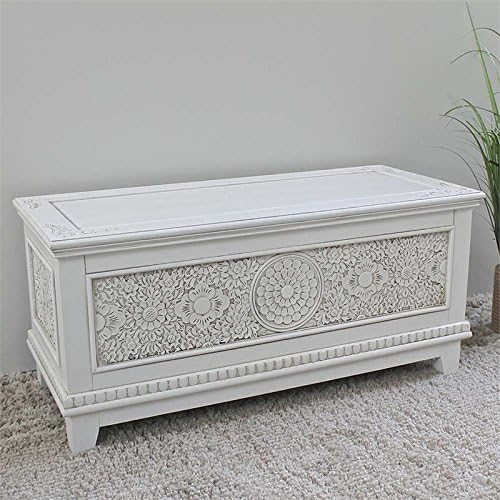 Carved Storage Trunk Bench in White B91650