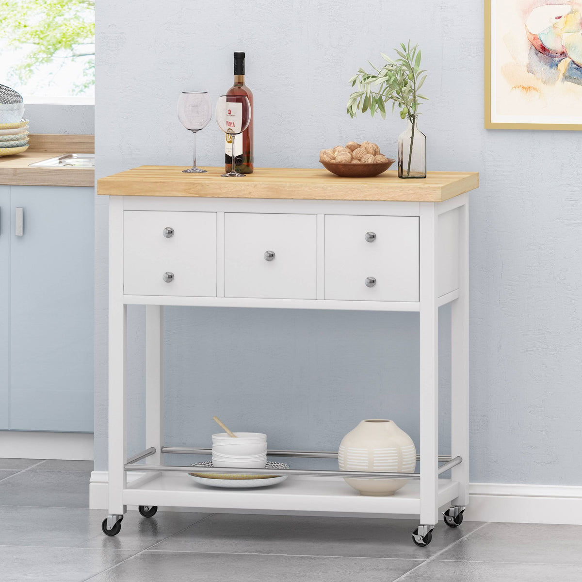 White Natural Kitchen Cart with Wheels E8442
