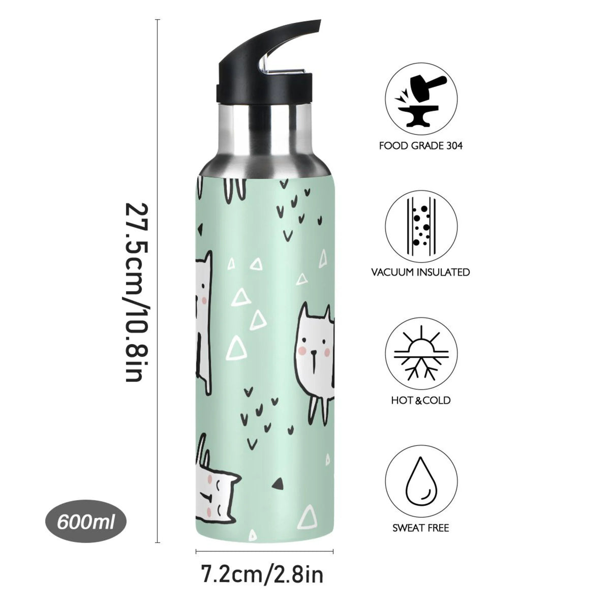 Green Vacuum Insulated Stainless Steel Water Bottle with Straw Lid 20 OZ H4092
