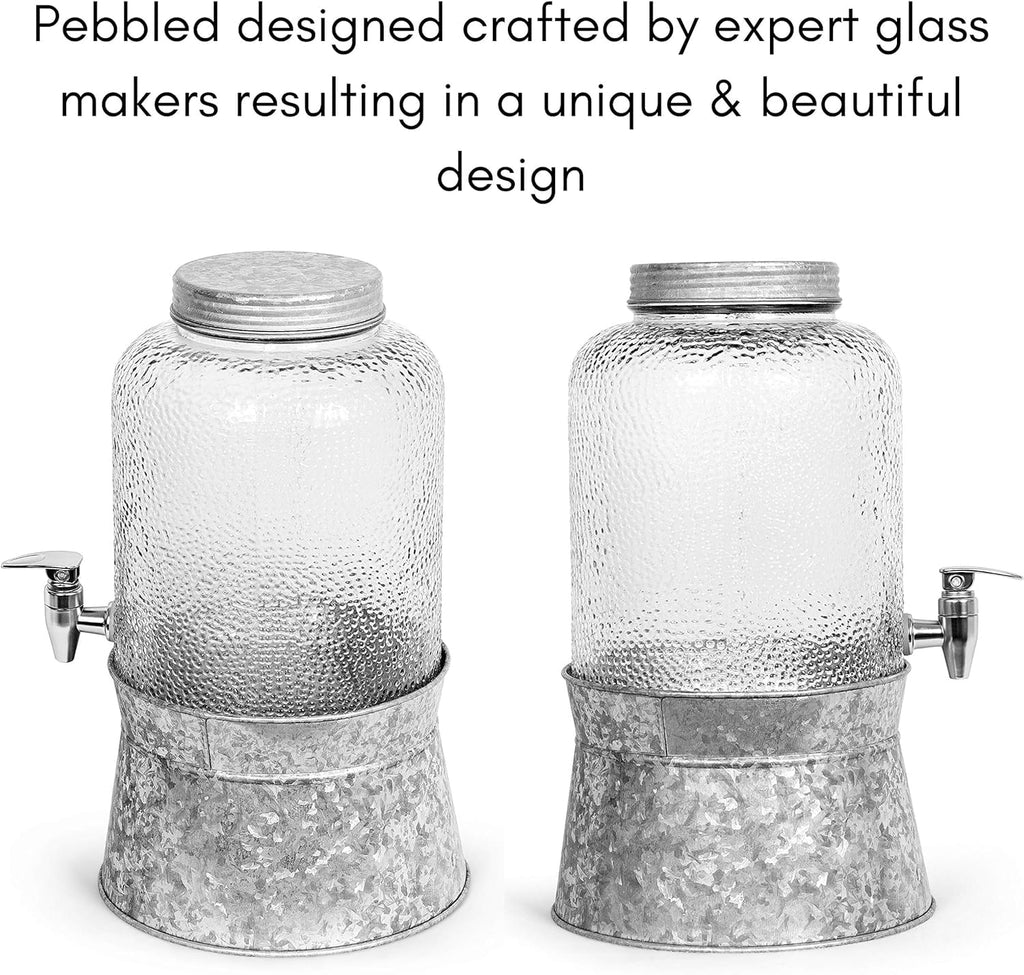 Pebbled Glass Beverage Dispenser With Galvanized Stand H7598