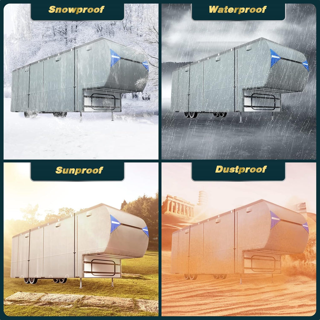 5th Wheel RV Cover with 4 Tire Covers & 2Pcs Extra Long Straps B211