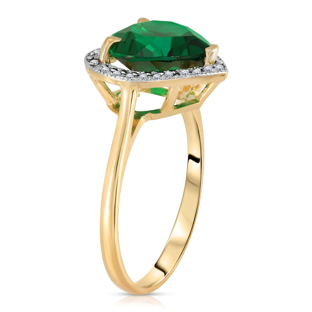 14K Solid Yellow Gold Emerald Natural Diamonds Halo Ring H5084
