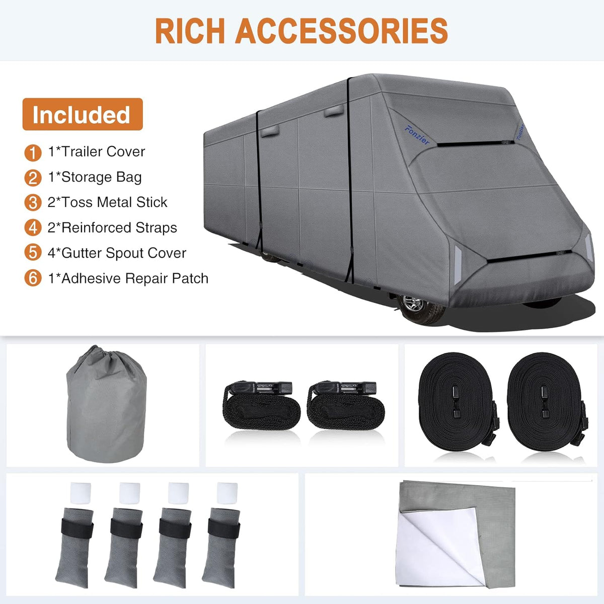 Heavy Duty 6 Layers RV Cover Anti-UV Camper Cover for 23’-26’ Motorhome Breathable Rip-Stop with 2Pcs Extra Straps & Gutter Spout Covers K5550