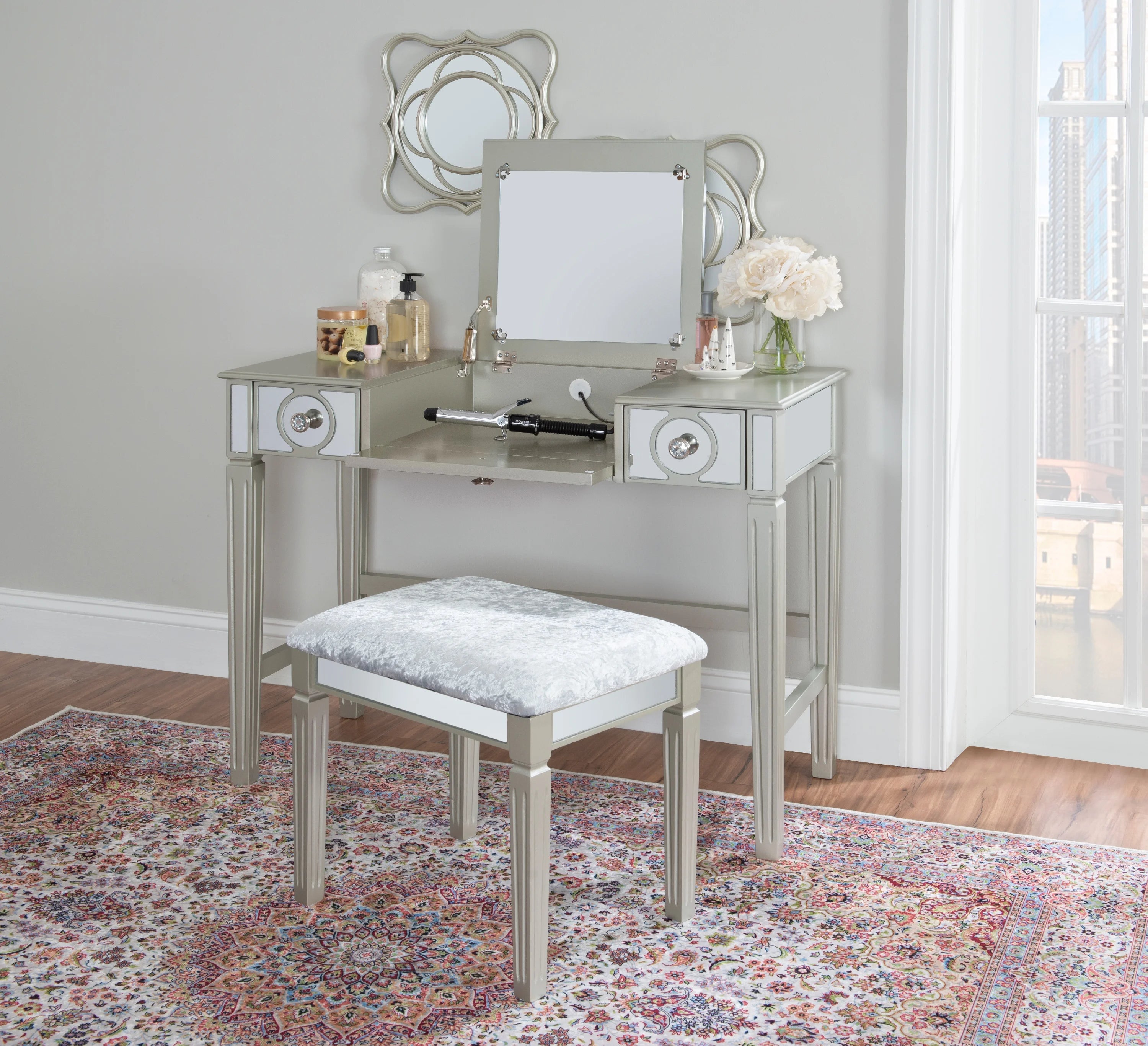 2-Piece Vanity Set with Flip-Top Mirror and Bench T807462