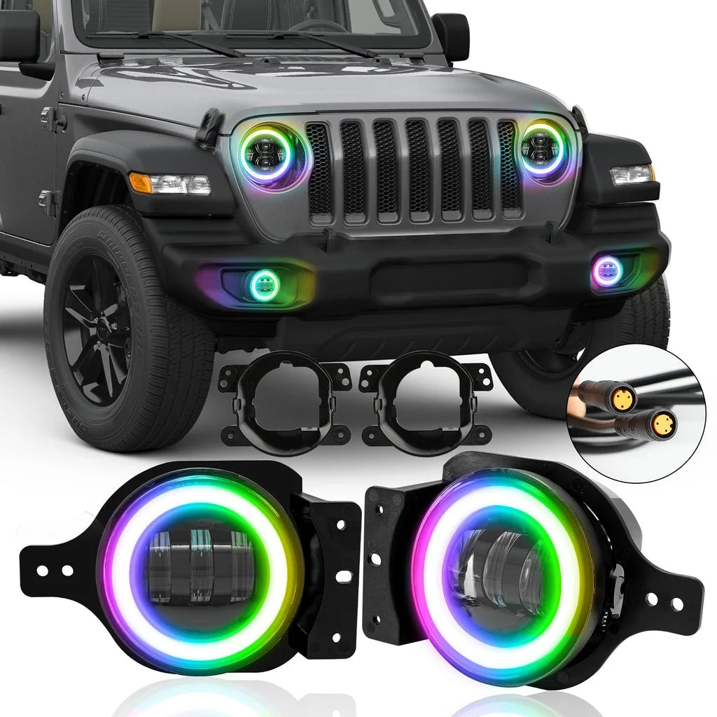 RGB 9" 3D LED Lens Halo Headlights & 4" Fog Lights Combo Kits B5741