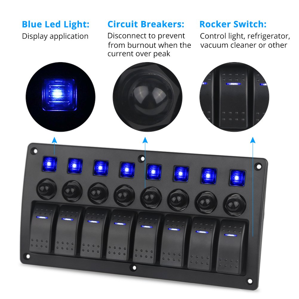 Blue 8 Gang Waterproof Toggle Rocker Switch Panel 12V/24V LED Circuit Breaker Pack of 2 U81243