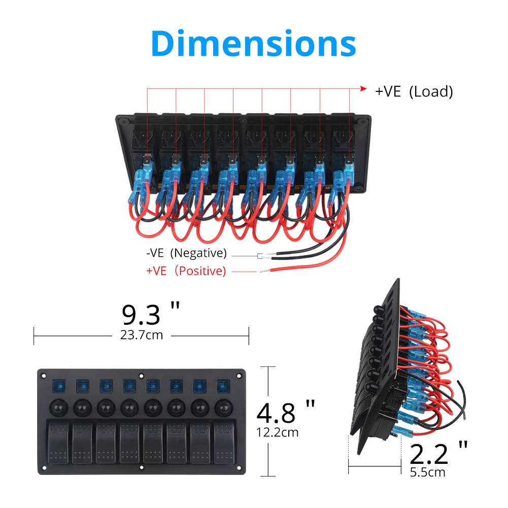 Blue 8 Gang Waterproof Toggle Rocker Switch Panel 12V/24V LED Circuit Breaker Pack of 2 U81243