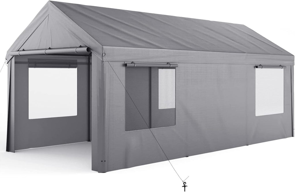 Enclosed Car Canopy 10x20*9.38ft with 4 Windows, 180g PE Cover, Detachable Walls & Doors U89766