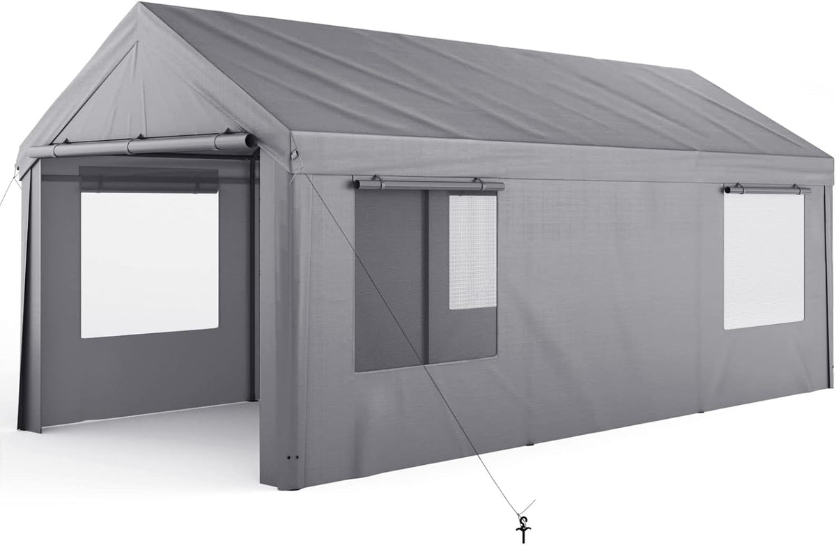 Enclosed Car Canopy 10x20*9.38ft with 4 Windows, 180g PE Cover, Detachable Walls & Doors U89766