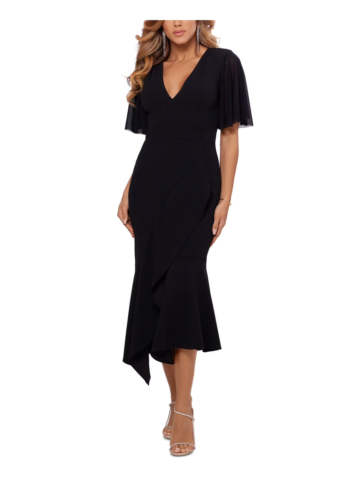 Black Stretch V Neck Midi Formal Dress X189
