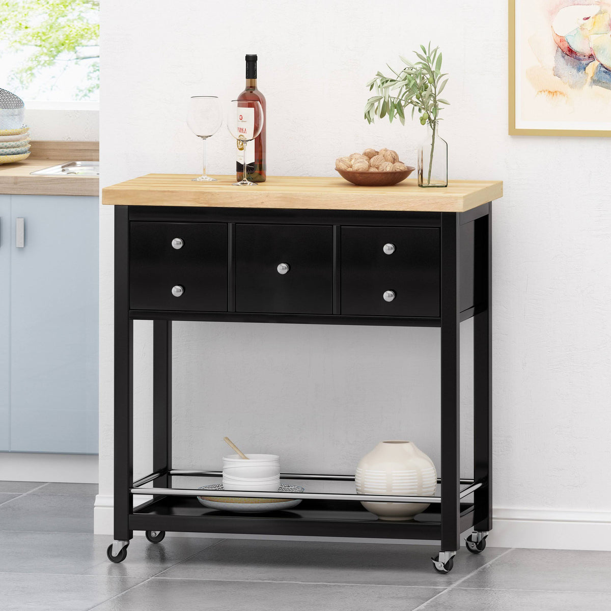 White Natural Kitchen Cart with Wheels E8442