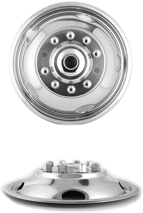 4pcs 19.5 Dually Steel Wheel Simulators Hub Covers 10 Lug Bolt on 304L Stainless Steel Polished Hub Cap Skins Liners F61945