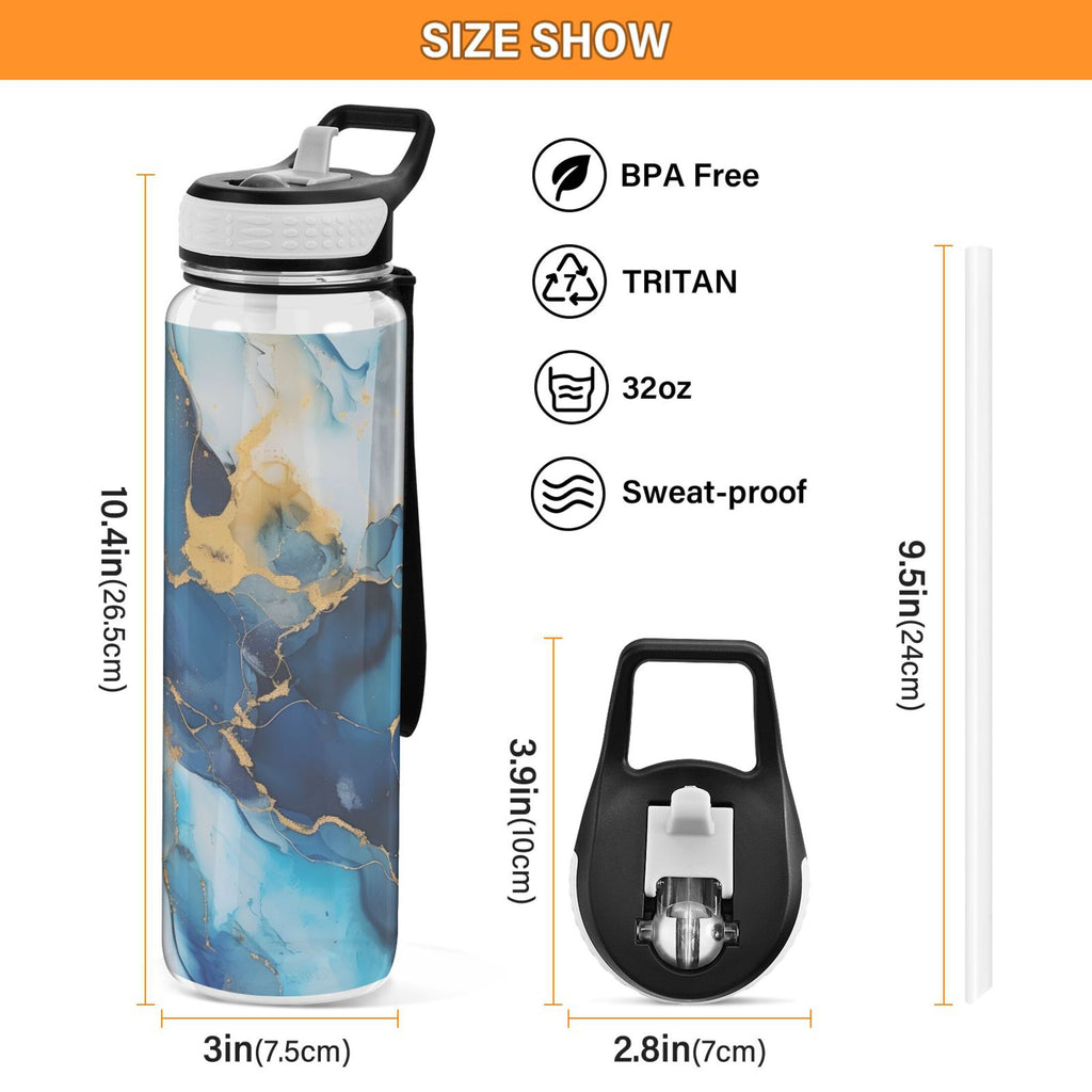 Blue and Golden Marble 32oz Tritan Water Bottles with Straw P321