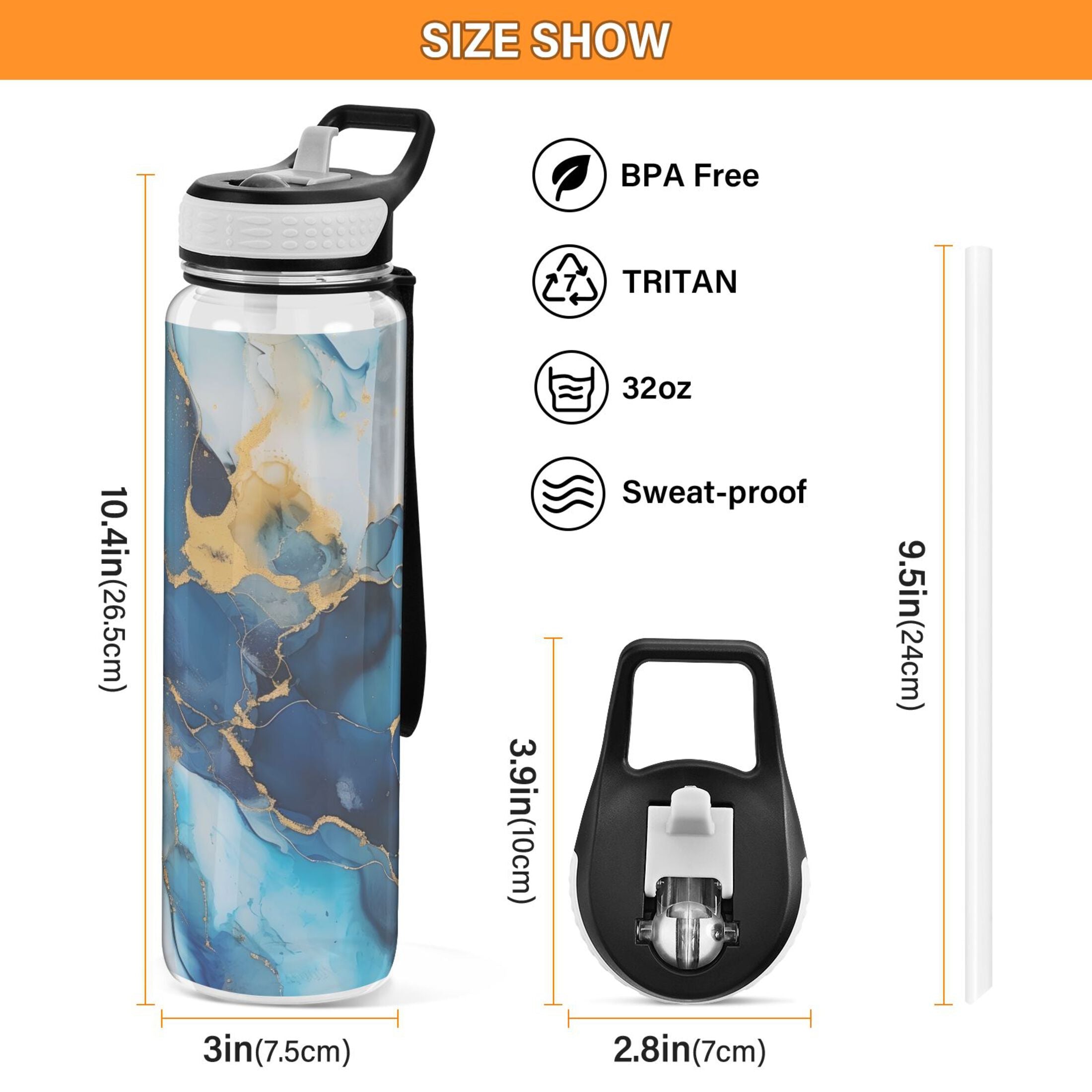 Blue and Golden Marble 32oz Tritan Water Bottles with Straw P321