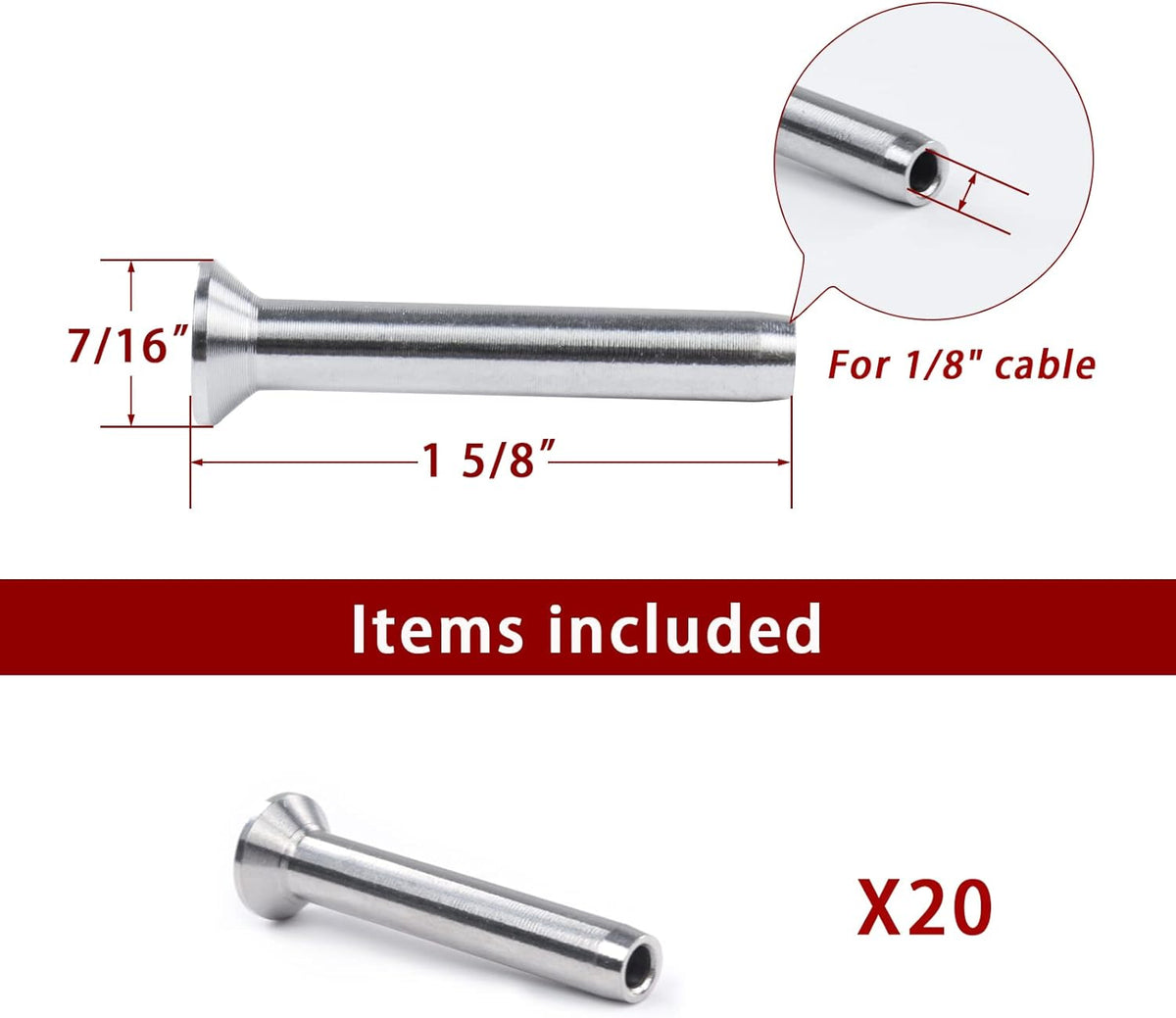 20Pack 1/8 Stemball Swage Dead End Invisible Cable Railing Kit Hardware Terminal Sunk Head T316 Stainless Steel D299204