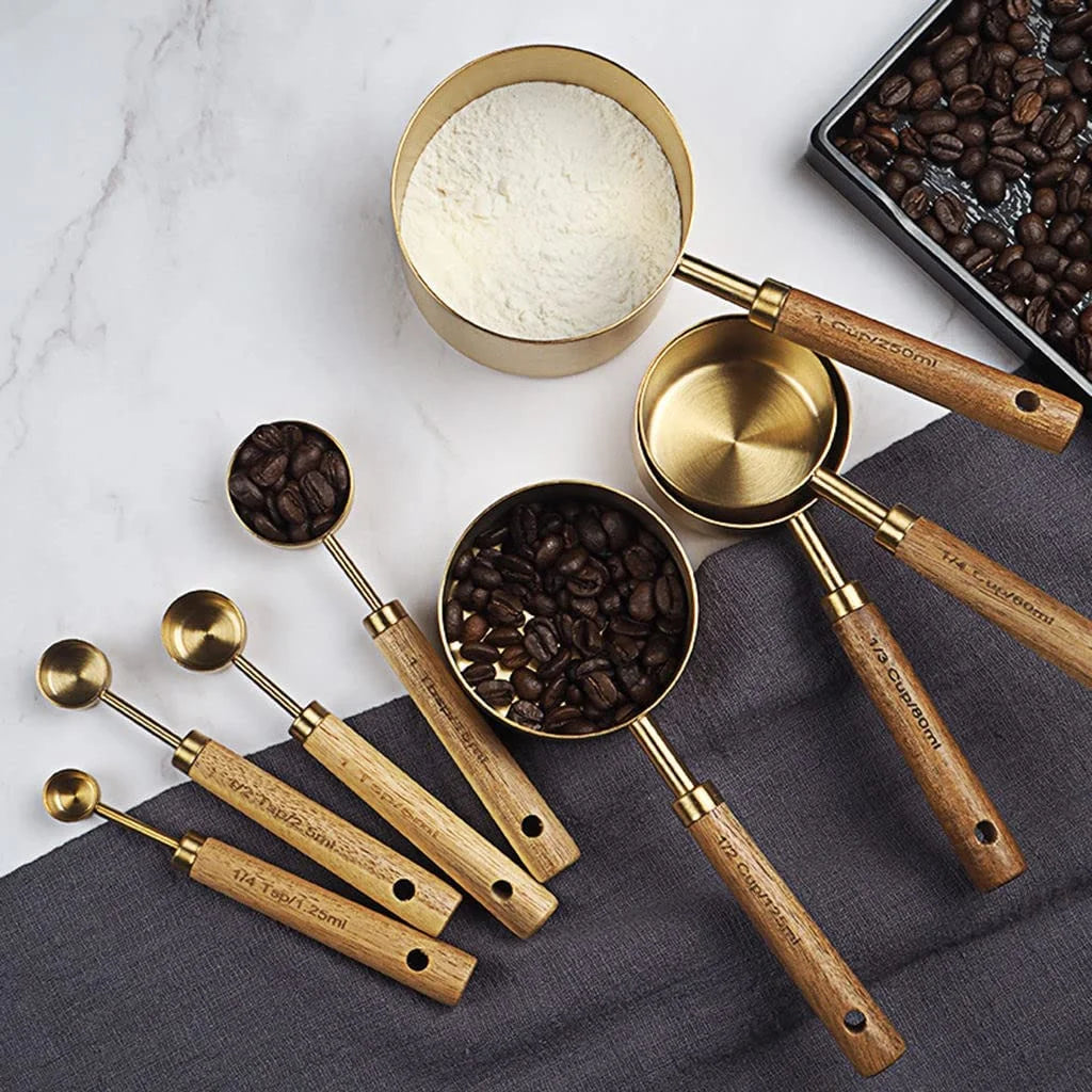 Gold Stainless Steel Measuring Cups and Spoons Set with Wooden Handle R65653