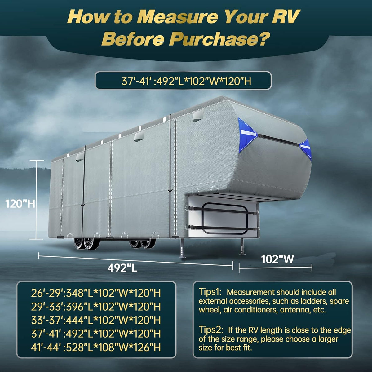 5th Wheel RV Cover with 4 Tire Covers & 2Pcs Extra Long Straps B211