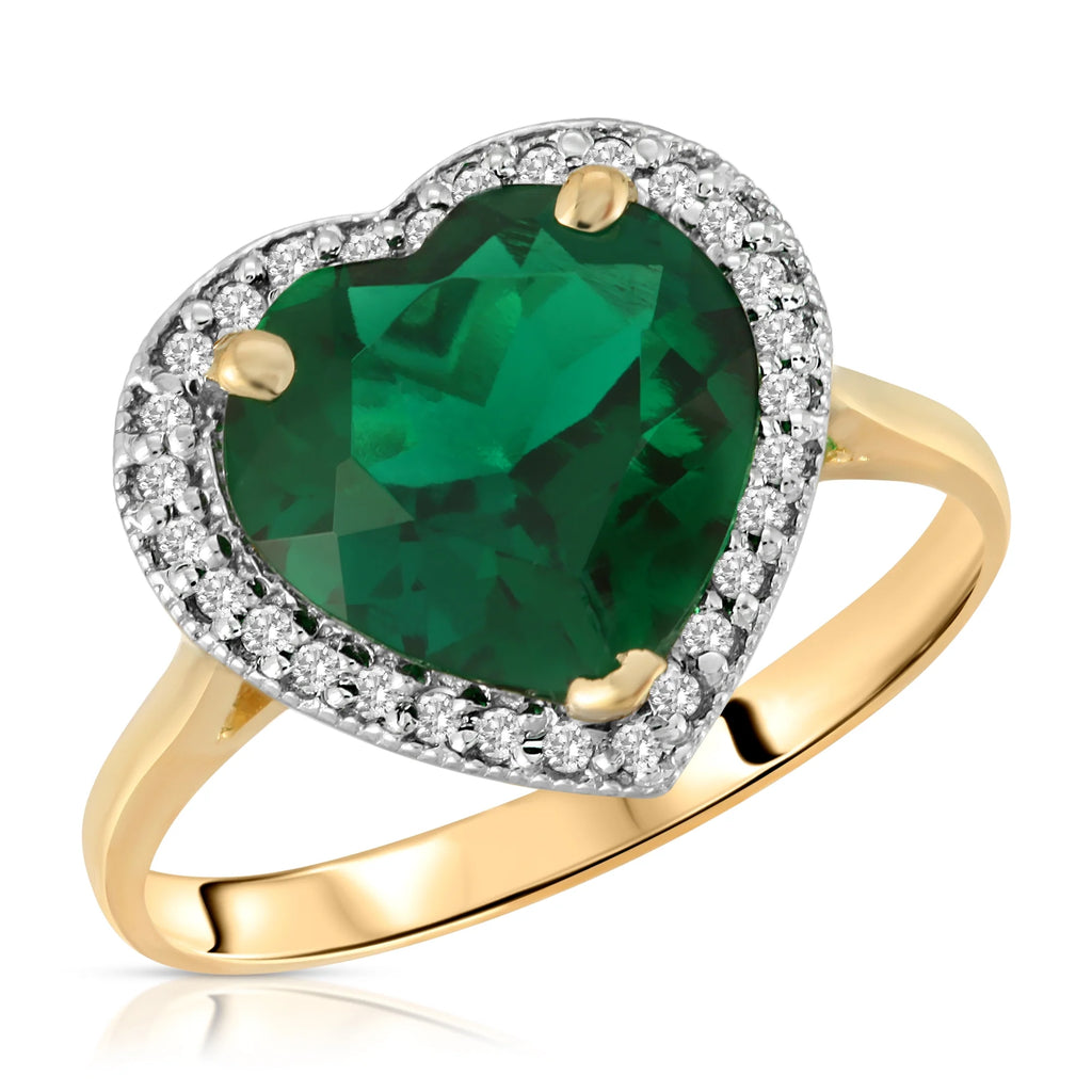 14K Solid Yellow Gold Emerald Natural Diamonds Halo Ring H5084