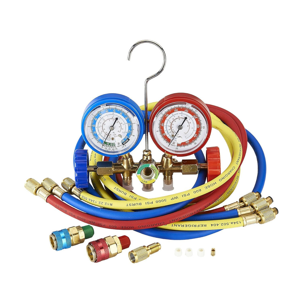 AC Diagnostic Manifold Freon Gauge Set with Couplers, Adapter for R134A R12 R22 R502 R493045