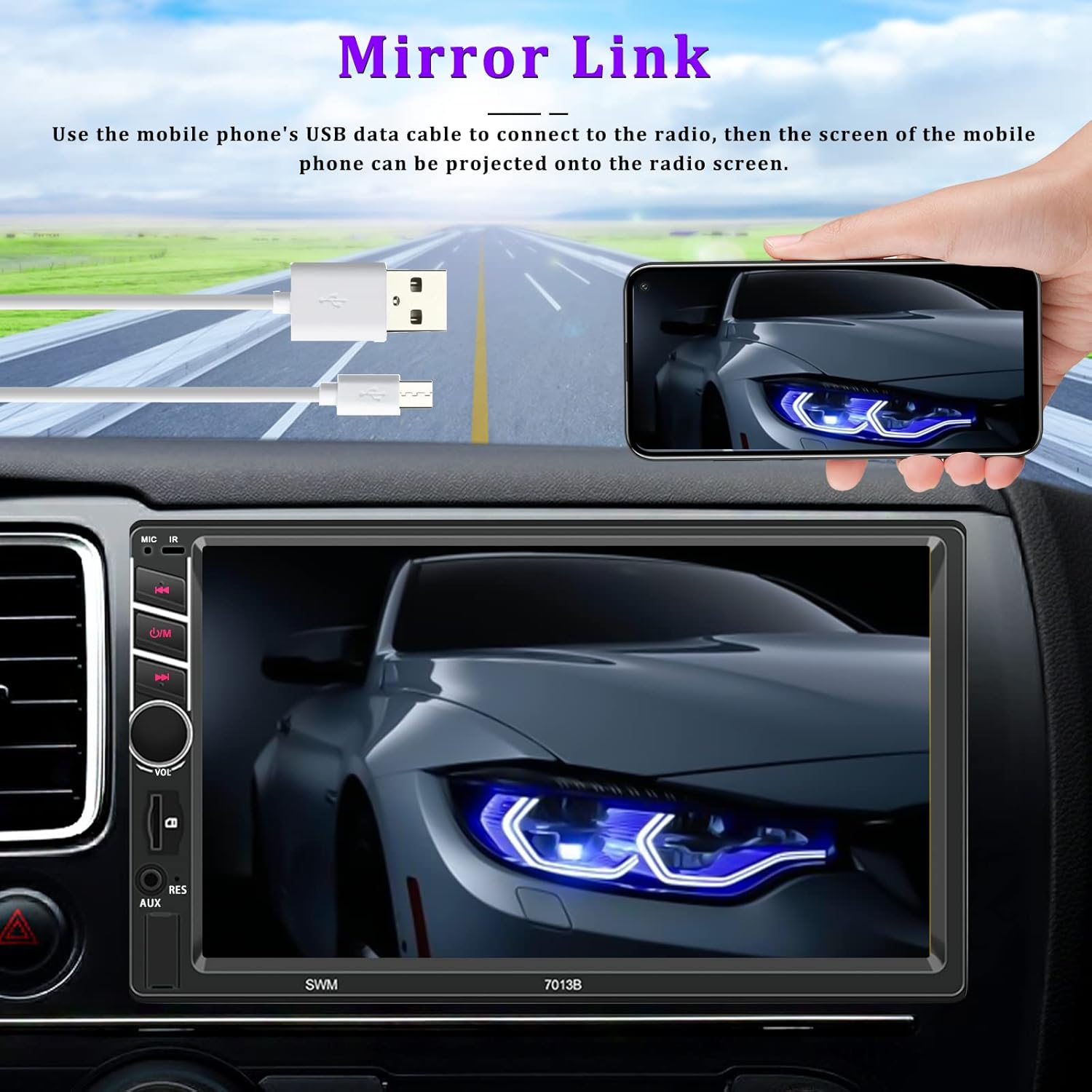 Double Din 7 inch Car Stereo with CarPlay Android Auto HD Touch Screen Multimedia Head Unit MP5 Player FM Receiver Bluetooth Mirror Link SWC AUX/USB/TF Card Backup Camera A536023