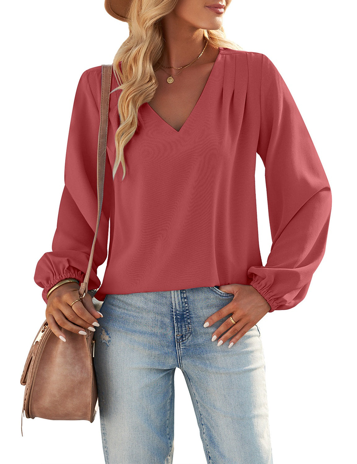 Cranberry Long Balloon Sleeve V Neck Blouses O72035