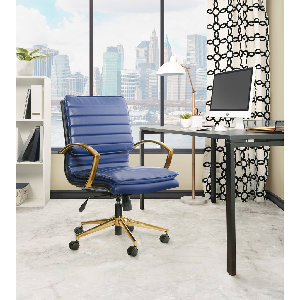 Navy Faux Leather Mid-Back Chair with Gold F7690