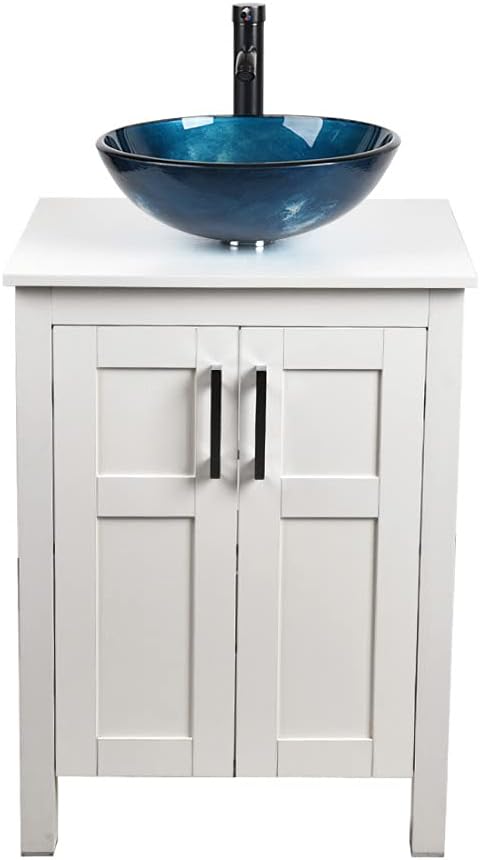 White 24 Inches Bathroom Vanity with 2 Doors Tempered Glass Sink Top Z790