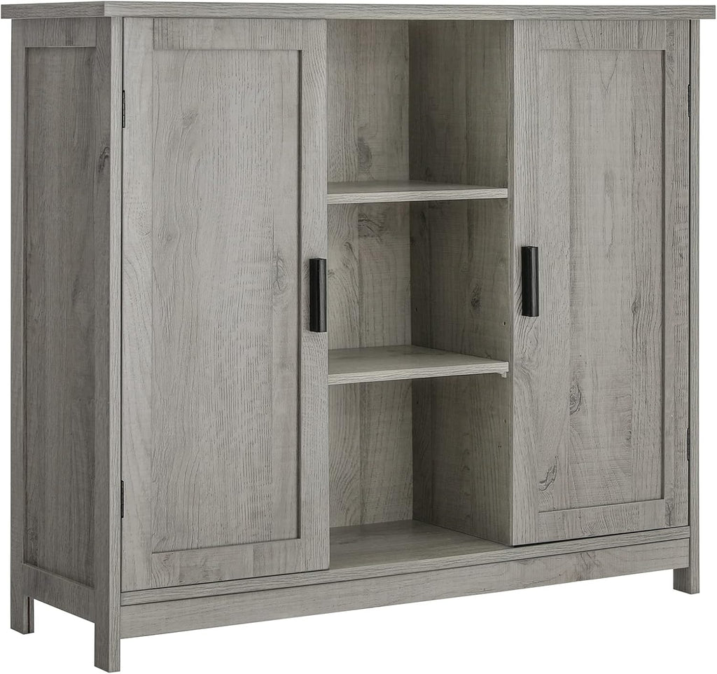 Rustic Oak Wooden Floor Storage Cabinet with 2 Doors and 2 Open Shelves E385669