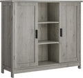 Rustic Oak Wooden Floor Storage Cabinet with 2 Doors and 2 Open Shelves E385669