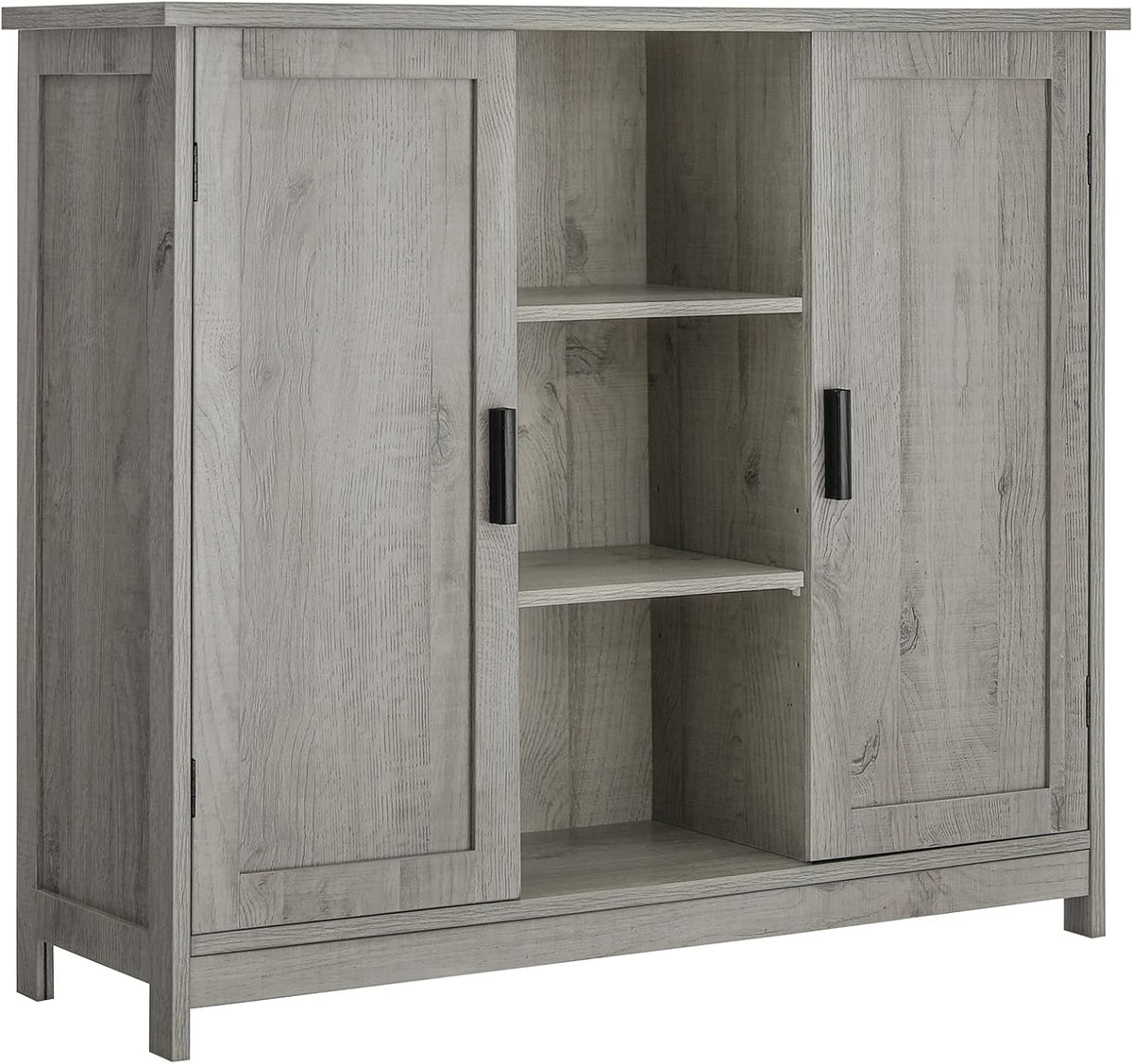 Rustic Oak Wooden Floor Storage Cabinet with 2 Doors and 2 Open Shelves E385669
