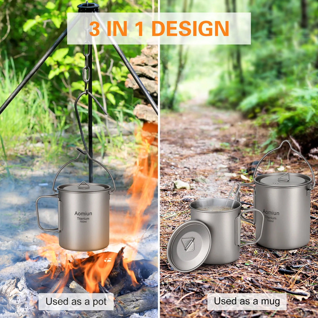 Ultralight 750ml Titanium Pot with Lid and Foldable Handle E6964
