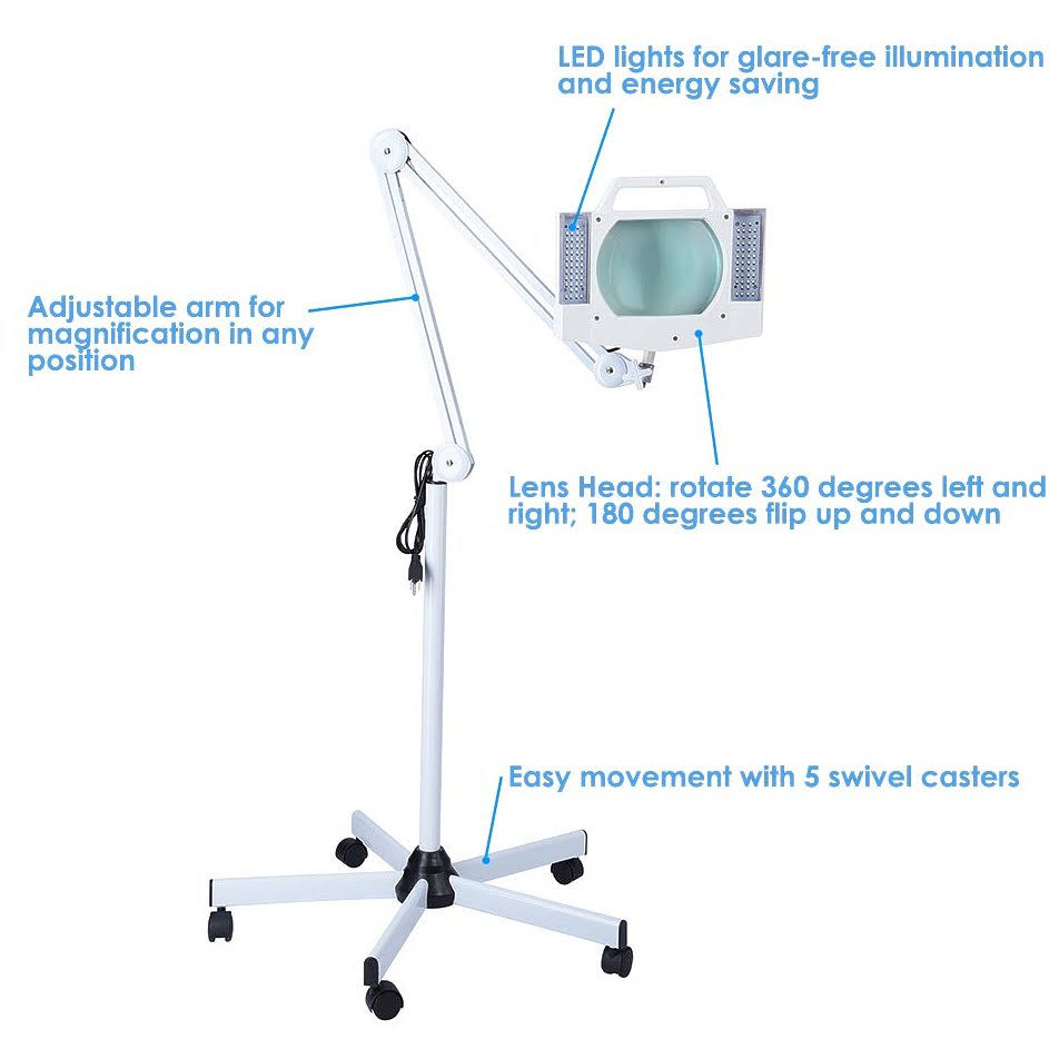 5X Magnification Rolling Floor Stand Magnifying Magnifier LED Lamp Square Salon Equipment T45805