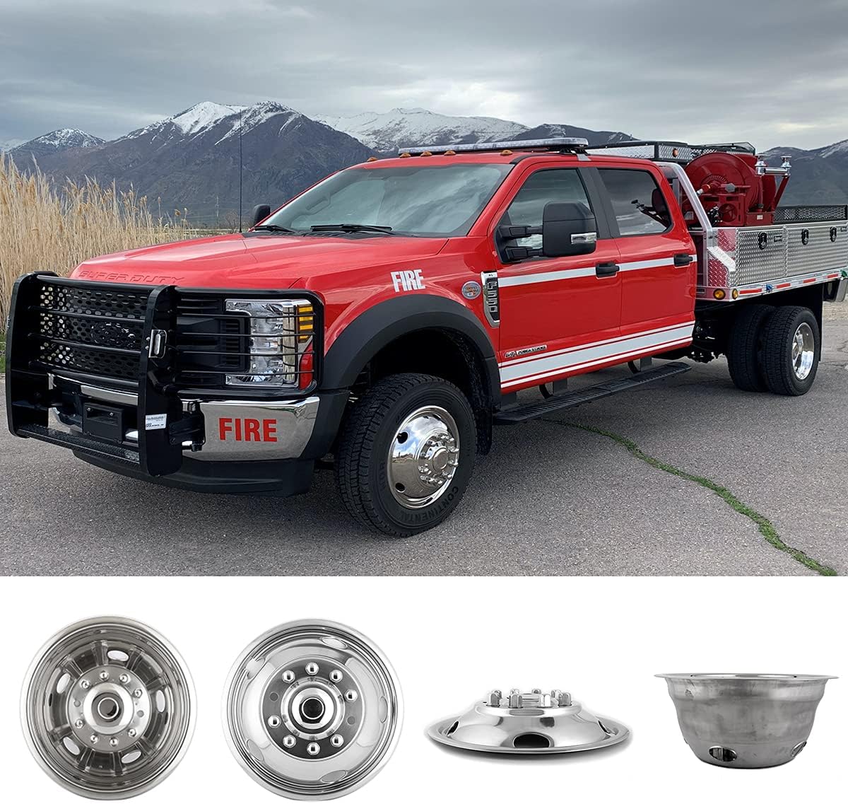 4pcs 19.5 Dually Steel Wheel Simulators Hub Covers 10 Lug Bolt on 304L Stainless Steel Polished Hub Cap Skins Liners F61945