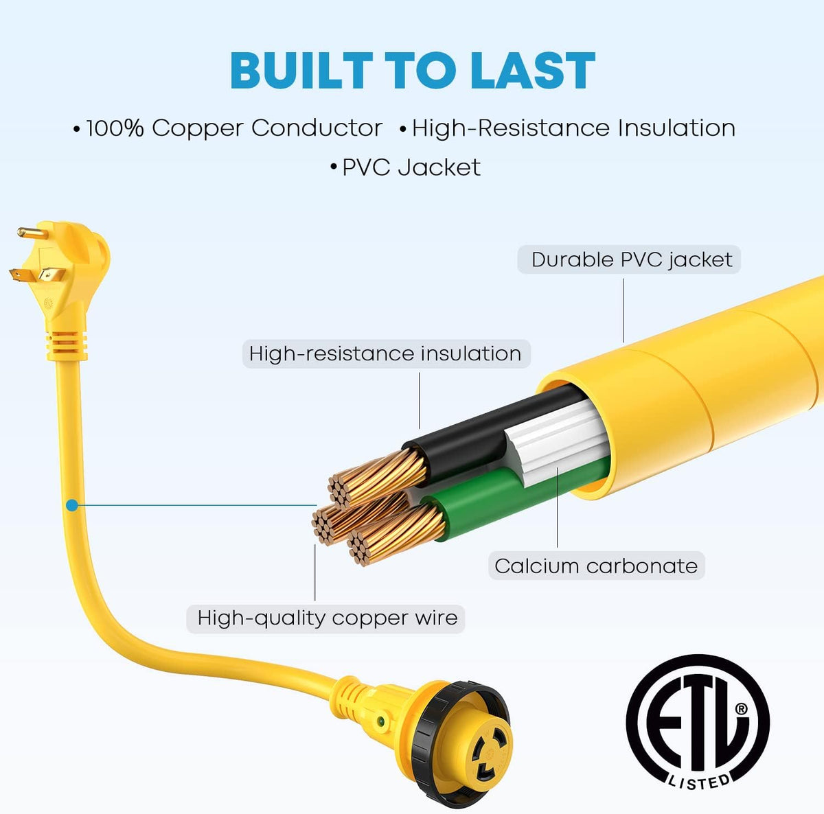 30 Amp RV Power Extension Cord 50 ft with LED Indicator, 125V, 3750W B642