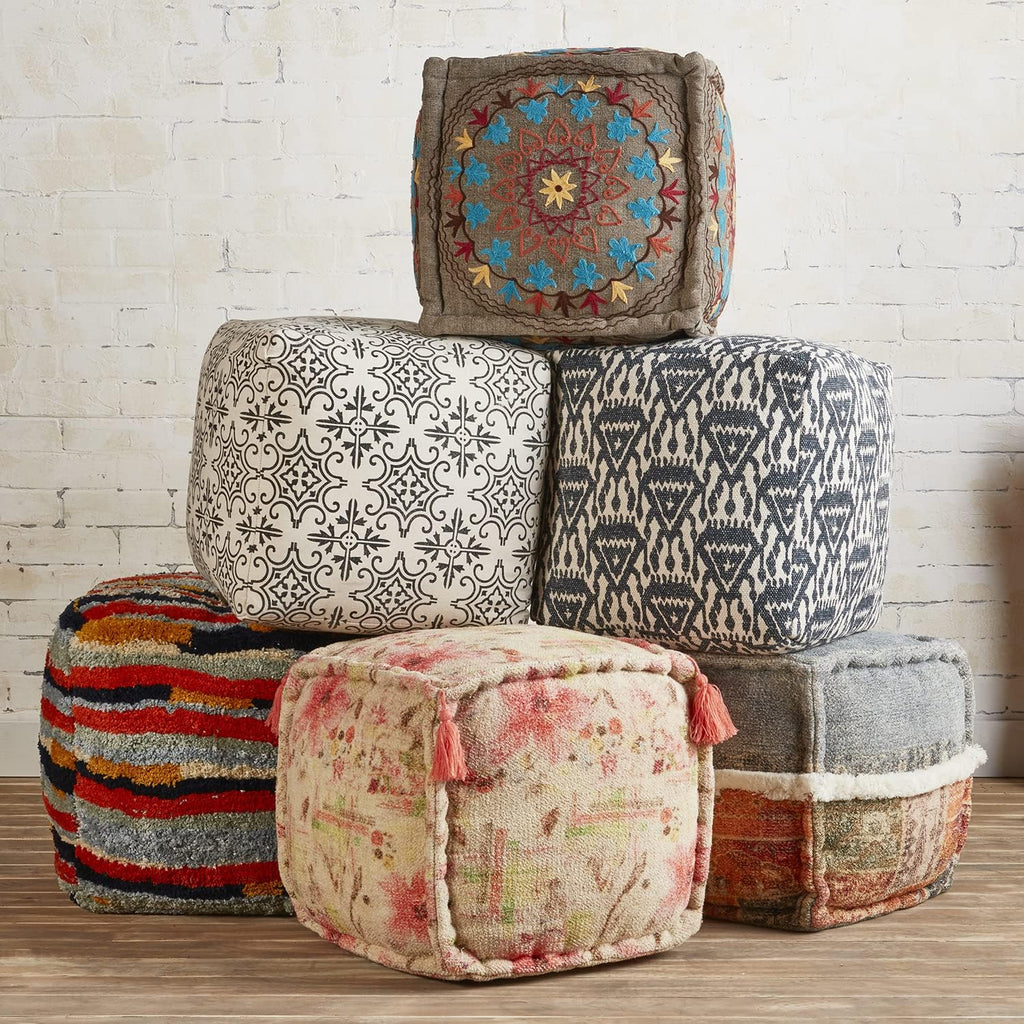 Floral Print Fabric Foot Stool Ottoman Pouf, 16" x 16" U6812