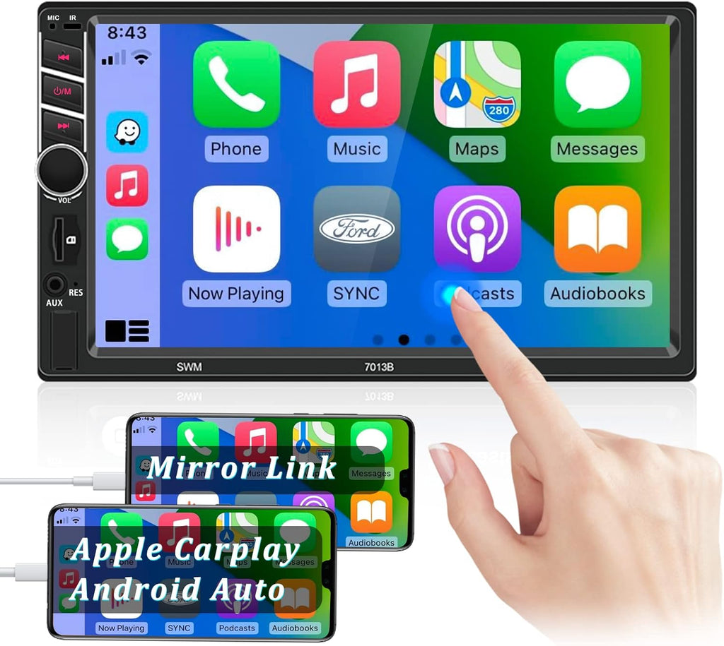 Double Din 7 inch Car Stereo with CarPlay Android Auto HD Touch Screen Multimedia Head Unit MP5 Player FM Receiver Bluetooth Mirror Link SWC AUX/USB/TF Card Backup Camera A536023