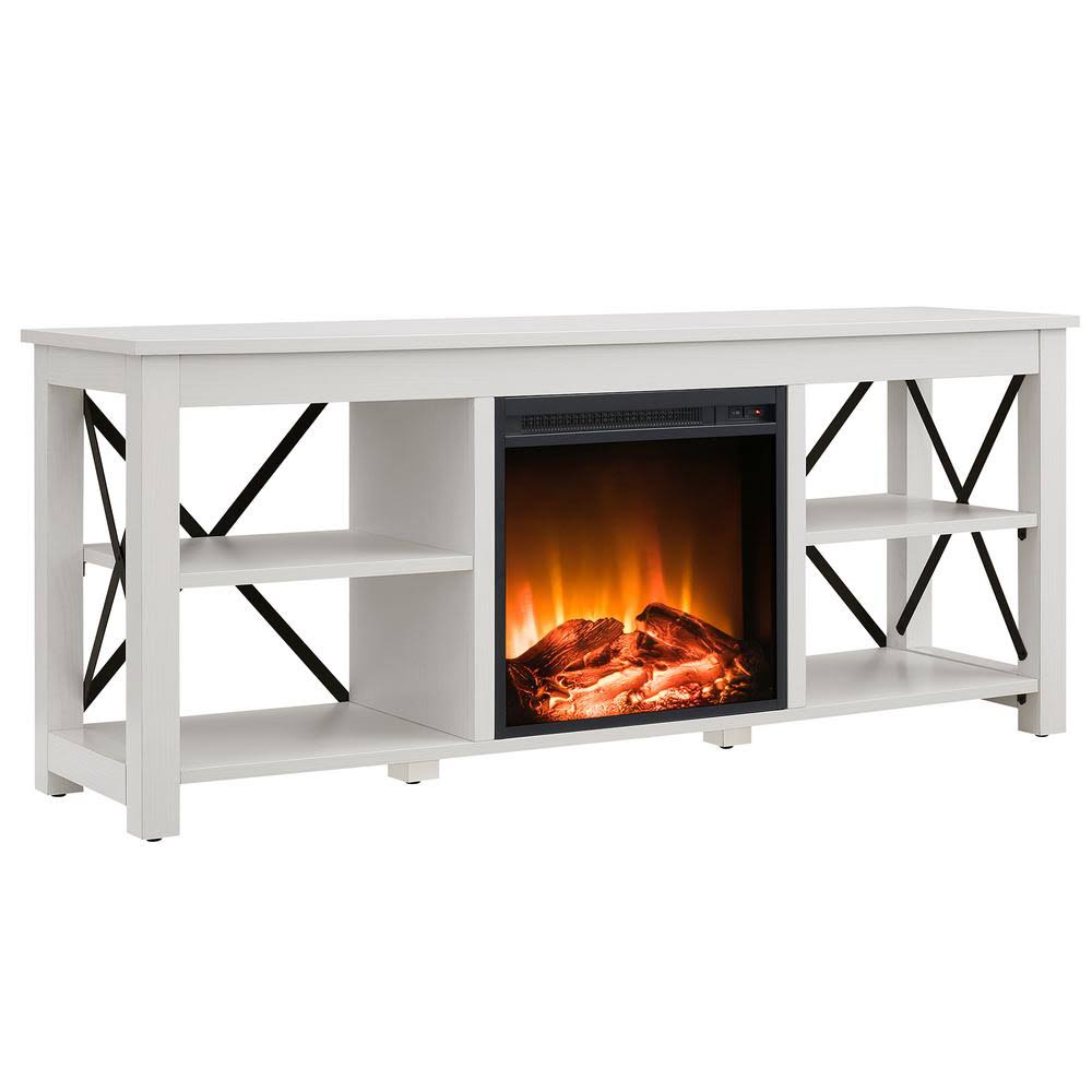 White TV Stand with Log Fireplace Insert L711375